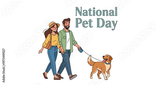 A couple celebrates National Pet Day with their dog, walking side-by-side against a clean white backdrop in a colorful vector illustration that emphasizes the pet companionship concept