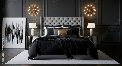 Luxurious modern bedroom with black bedding and elegant chandeliers