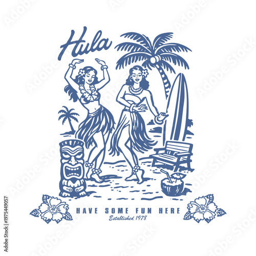 Vintage Hawaiian Hula Beach Party Illustration