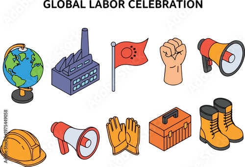 Global Labor Celebration Icons Industry, Manufacturing, and Workers' Rights