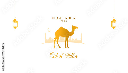 A festive illustration celebrating Eid al Adha with a camel and lanterns