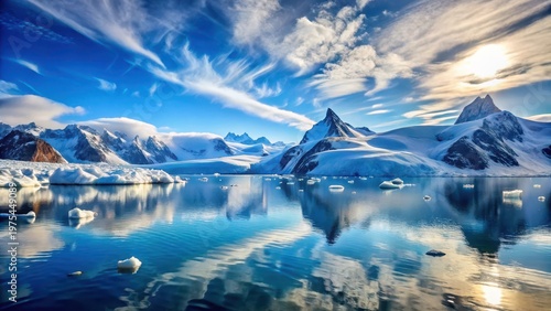 Lake Majesty A serene and tranquil scene of a majestic lake surrounded by towering icebergs against a brilliant blue sky