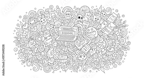 Doodle vector illustration of school and education theme hand drawn cartoon objects, symbols and items on the subject of back to school sketchy vector background with laptop, books, and monsters