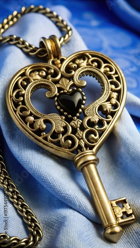 Exquisite gold jewelry features a heartshaped key with intricate black inlays and ornate details