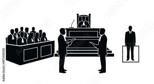 Courtroom scene with judge, lawyers, jury and defendant in the witness box, legal trial concept, vector illustration