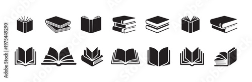 Assortment of book symbols showing various ways books can be presented