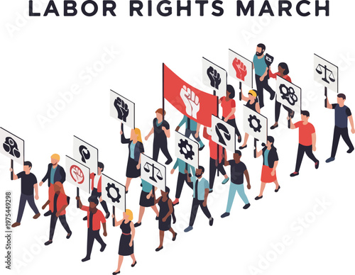 People marching in a labor rights demonstration, holding signs and a large red banner