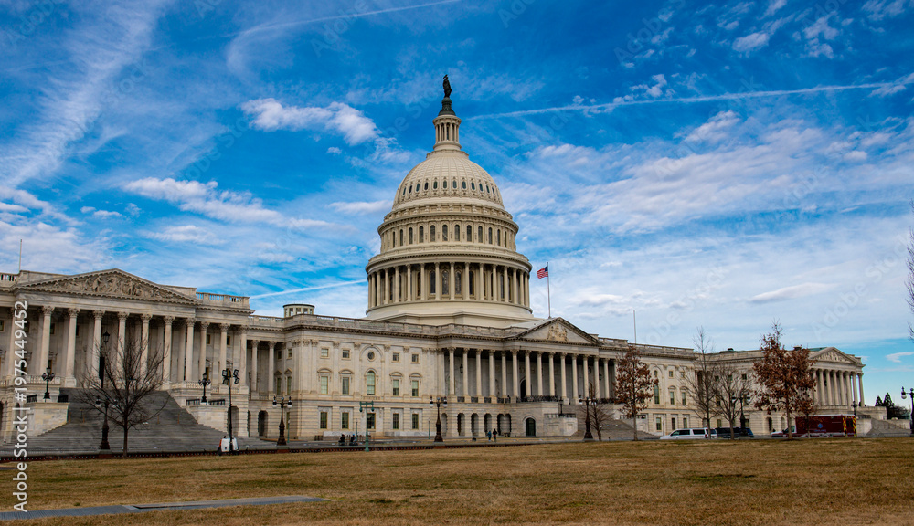 Fototapeta premium Capitol monument skyline cloudy. Capitol exterior in Washington DC. Congress governance Senate democracy. Capitol historic facade Capitol.