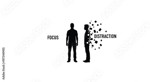Conceptual illustration of focus versus distraction, silhouette of a person standing still representing focus and a silhouette of a person disintegrating into squares representing distraction