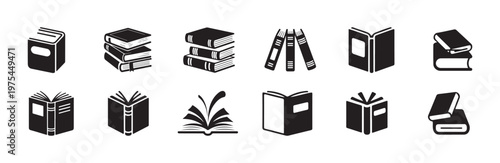 Black book icons set with different styles for library school and reading symbols on white backdrop