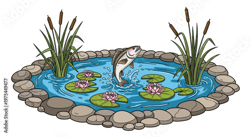 Beautiful backyard garden pond with blooming pink water lilies, green lily pads, tall reeds, and a jumping fish surrounded by stones.