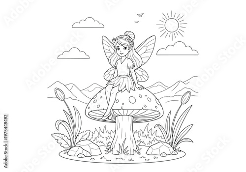 Coloring page for children with a cute fairy sitting on a mushroom in a beautiful landscape with mountains, flowers, and clouds