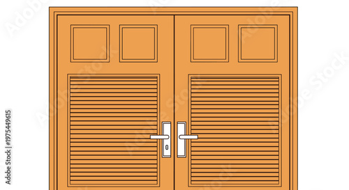 Detailed illustration of light brown wooden double doors featuring louvered lower panels and solid upper square panels for a classic look.