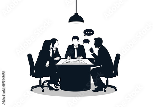 Business meeting of a professional team, group of colleagues sitting at a table discussing a project, vector illustration of office workers collaborating on a strategy