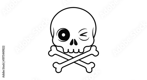 Playful winking skull and crossbones icon in a minimalist black and white style suitable for fun pirate themed designs and logos.