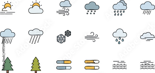 Weather Icon Set Showcasing Sun Clouds Rain Snow and Wind Symbols.