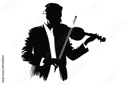 Silhouette of a man playing a violin in a black and white inky artistic style music
