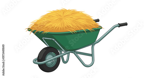 Green garden wheelbarrow filled with a large pile of golden hay or straw used for agricultural tasks and animal bedding on farms.