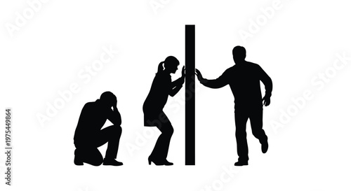 Silhouettes of people in different poses, including a man kneeling in despair, a woman leaning against a wall, and a man walking towards the wall