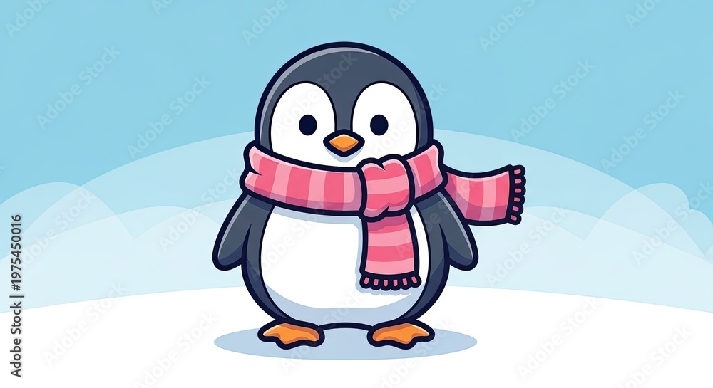 Obraz premium Cute cartoon penguin with pink scarf in a winter scene