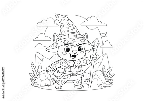 Cute cartoon wizard cat character wearing a starpatterned robe and hat, holding a magic staff, standing in a magical landscape with mountains, clouds, and rocks, coloring page for kids