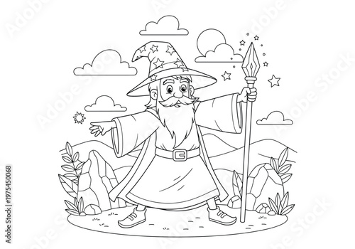 Coloring page for children with a cute wizard holding a magic staff, cartoon character, line art, black and white illustration