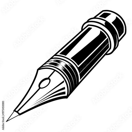 Vintage fountain pen nib vector illustration, classic ink pen tip icon in woodcut style, retro stationery and calligraphy tool graphic