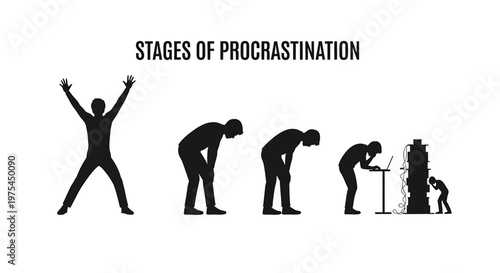 Stages of procrastination, silhouette of a man going from happy to stressed
