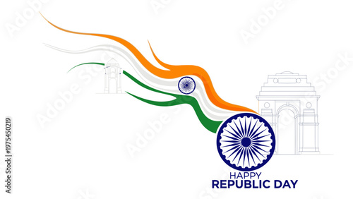 Graphic illustration of a stylized Indian flag with a wheel and text reading 'Happy Republic Day' on a subtle background of a monument.