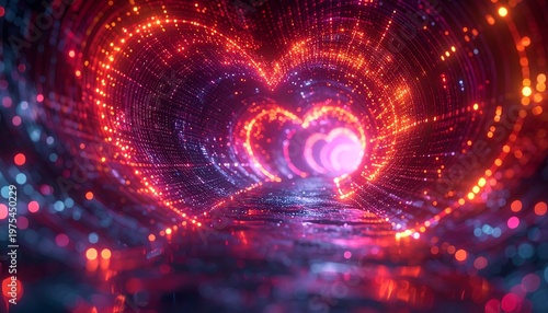 A vibrant tunnel shaped like a heart, glowing with lights
