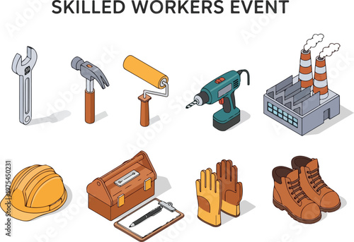 Skilled Workers Event Tools, Safety Gear, and Industrial Icons for Labor and Construction