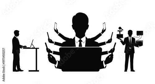 Multitasking businessman silhouette with many hands holding smartphones and working on laptop