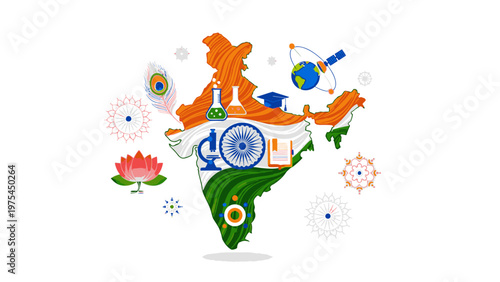 Illustration of India map with various icons and symbols in orange, white, and green colors on a white background.
