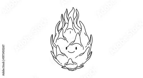 Cute dragon fruit character with a tiny happy face representing healthy eating and tropical fruit in a fun cartoon line art style.