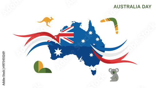 Graphic illustration of the Australian map with its flag and iconic native animals on a white background for Australia Day.