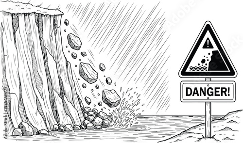 Black and White Line Art Illustration of a Dangerous Landslide Falling into Water with a Warning Sign for Environmental Hazard Awareness Projects