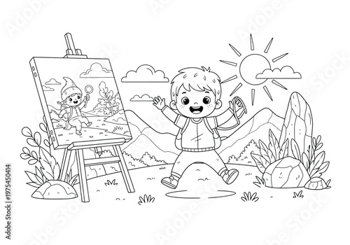 Happy boy explorer jumping with joy in front of his painting of himself as a gnome adventurer, outdoor landscape with mountains and sun, coloring page for kids