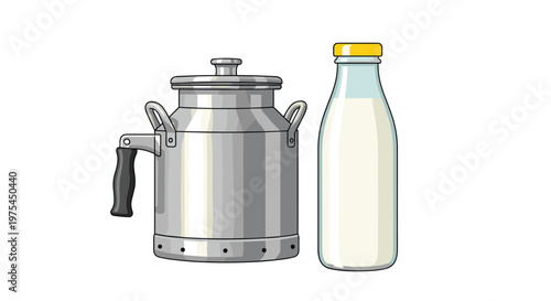 Metal dairy can and a glass bottle filled with fresh milk representing traditional farming and healthy dairy products in a clean style.
