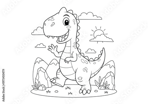 Cute cartoon dinosaur coloring page for kids, friendly trex character waving hello in a prehistoric landscape with mountains, sun, and clouds