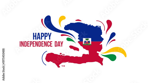 Graphic illustration of a Haitian Independence Day logo with colorful paint splatters on a white background.