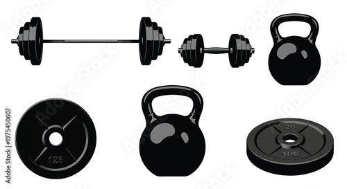 Set of gym equipment, barbell, dumbbell, kettlebell and weight plates for bodybuilding and fitness training