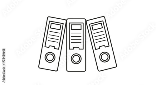 Set of three office ring binders for document storage and organization shown in a minimalist black and white line art style.