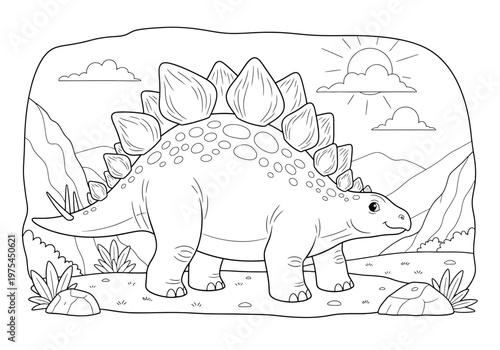 Cute stegosaurus dinosaur coloring page for kids, cartoon prehistoric animal in a natural landscape with mountains, sun, and clouds