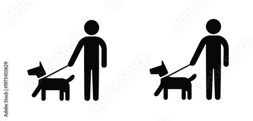 Walking with the dog, leash control, simple cartoon hound walking beside owner, minimal flat vector style, stick figure dog pictogram combined with clean black silhouette elements, modern stickman log