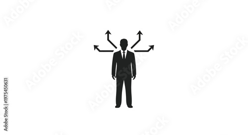 Businessman standing with multiple arrows pointing in different directions, concept of decision making, career path, business strategy, choice, and professional development