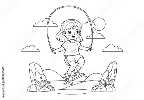 Cute little girl jumping rope outdoors, happy child playing with a jump rope in a sunny park, line art illustration for coloring book