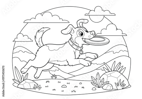 Coloring page with a cute happy dog running and catching a frisbee in a park with mountains, clouds, and sun in the background, outline drawing for kids