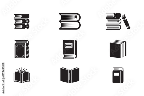Collection nine black icons depicting various book shapes including stacks and open volumes