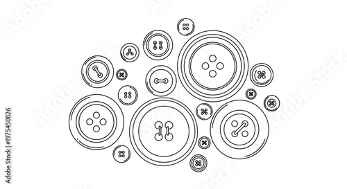 Large collection of various sewing buttons in different sizes and designs shown in a clean black and white line art for craft ideas.