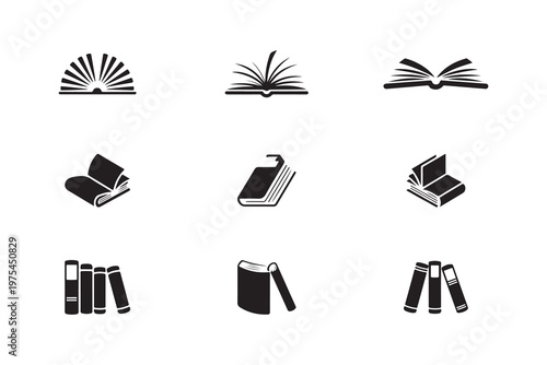 Set of minimalist book icons featuring open books viewed from above and stacks of books on a shelf